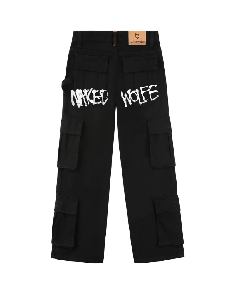 Naked Wolfe Baggy Pocket Cargo Logo Muške Hlače Crne | POP8326LM